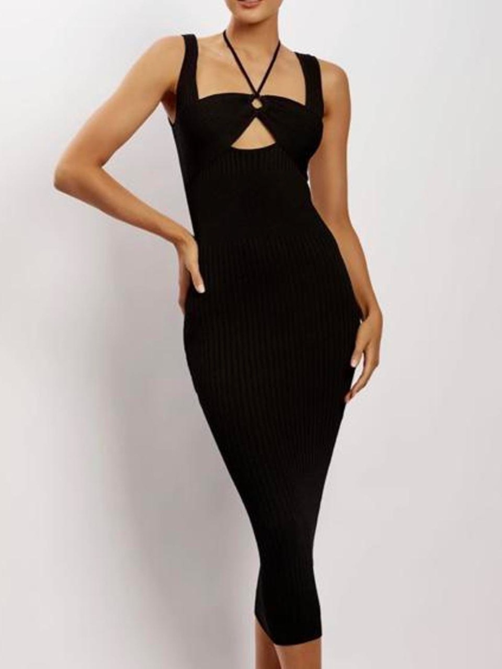 Meshki Sz S Hollie Black Ribbed Knit Bodycon Midi Dress